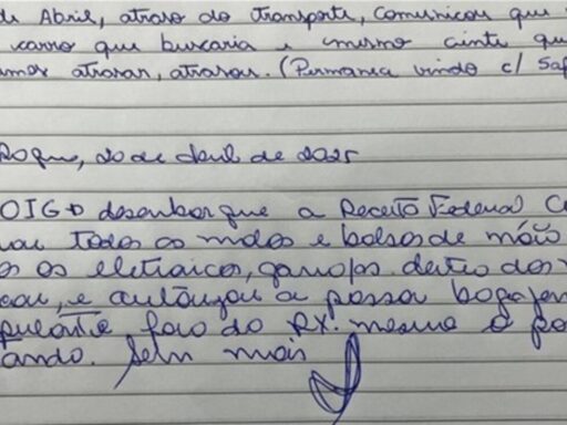 Registro manuscrito em livro de ocorrências do aeroporto sobre liberação de bagagens.