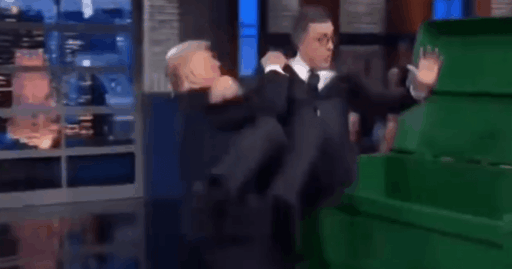 Vídeo gerado por IA mostra Donald Trump e Stephen Colbert.