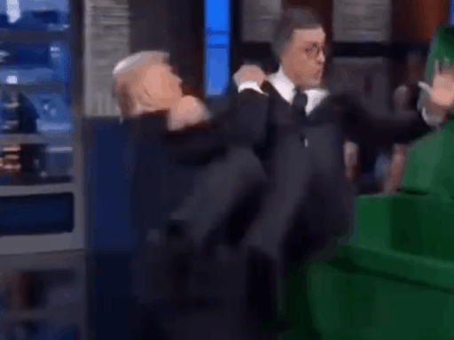 Vídeo gerado por IA mostra Donald Trump e Stephen Colbert.