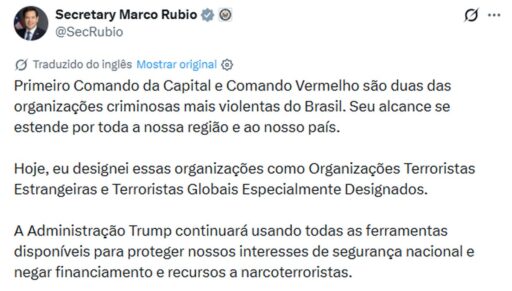 Classificação de facções como terroristas pelos EUA gera debate sobre soberania e riscos econômicos em contexto de Política Econômica