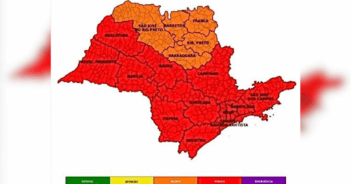 Mapa de alerta da Defesa Civil para chuvas intensas em São Paulo.