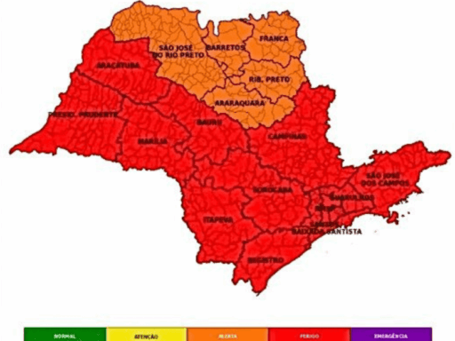 Mapa de alerta da Defesa Civil para chuvas intensas em São Paulo.