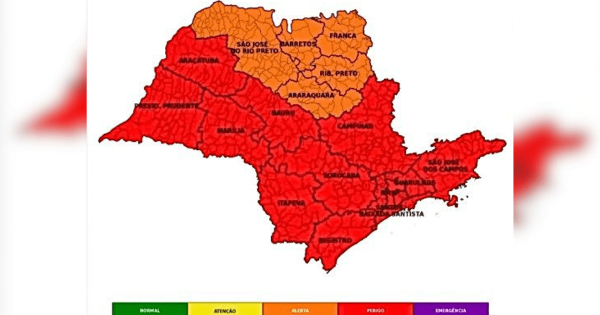 Mapa de alerta da Defesa Civil para chuvas intensas em São Paulo.