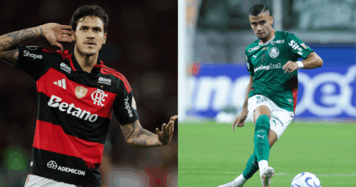 Jogadores de Flamengo e Palmeiras em disputa de bola no Maracanã.