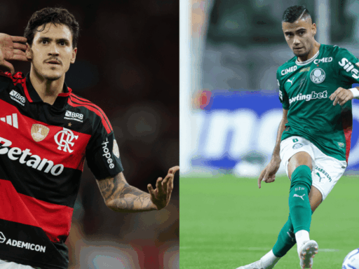Jogadores de Flamengo e Palmeiras em disputa de bola no Maracanã.