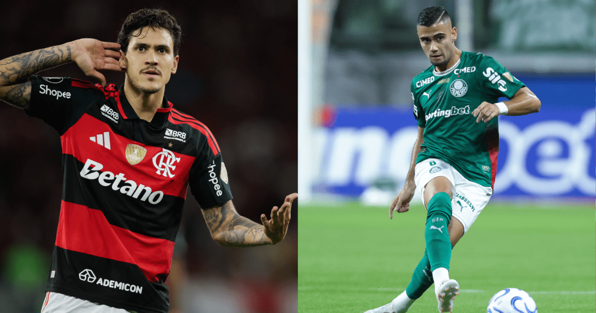 Jogadores de Flamengo e Palmeiras em disputa de bola no Maracanã.