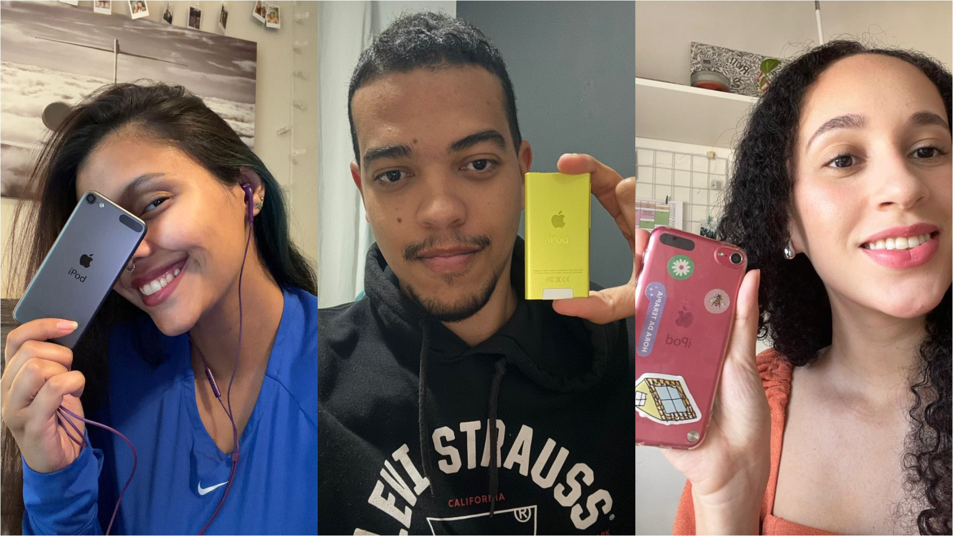 Jovens utilizando iPods antigos para ouvir música.