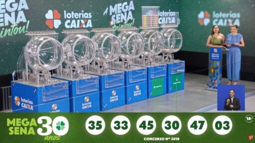 Resultado do concurso 3010 da Mega-Sena exibido em tela.