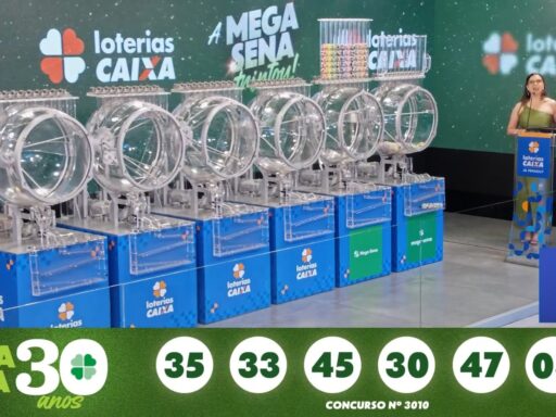 Resultado do concurso 3010 da Mega-Sena exibido em tela.