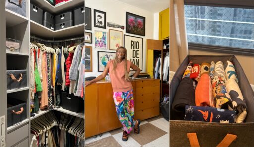 Profissional personal organizer organizando um closet de forma funcional.