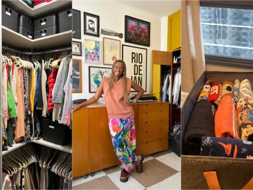 Profissional personal organizer organizando um closet de forma funcional.