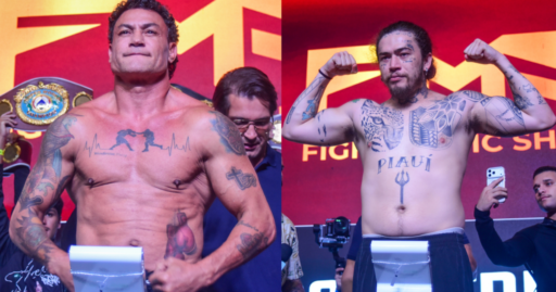 Whindersson Nunes e Acelino Popó Freitas durante pesagem do Fight Music Show 8.