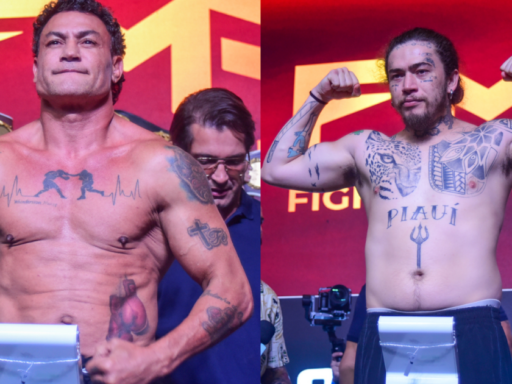 Whindersson Nunes e Acelino Popó Freitas durante pesagem do Fight Music Show 8.