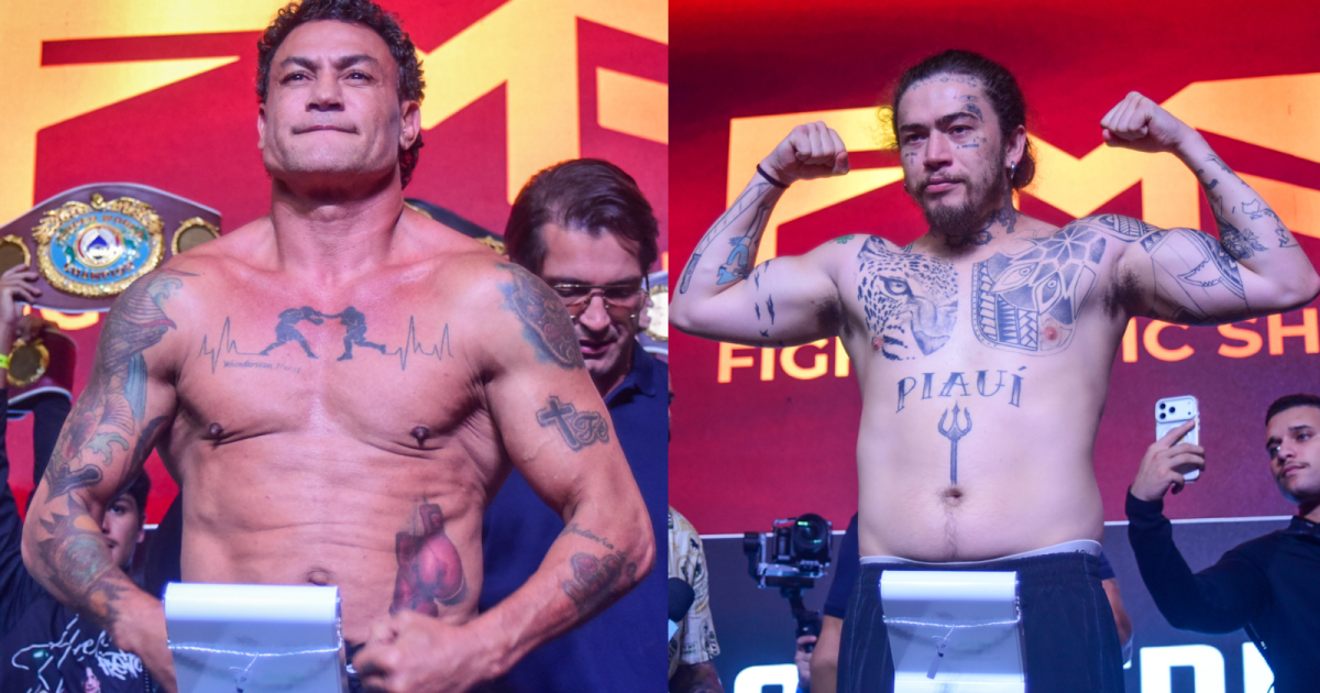 Whindersson Nunes e Acelino Popó Freitas durante pesagem do Fight Music Show 8.