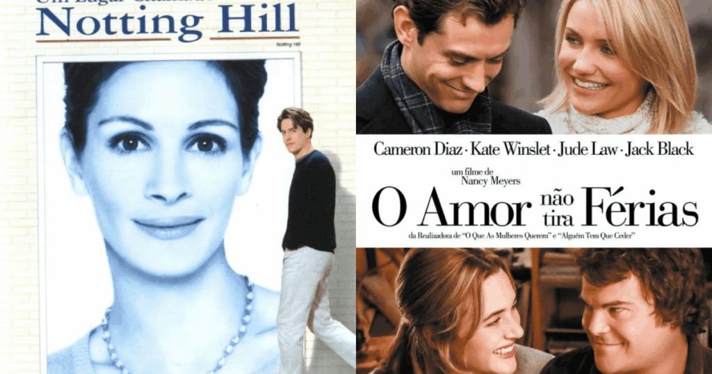 Cartaz de filmes clássicos de romance em exibição nos cinemas.