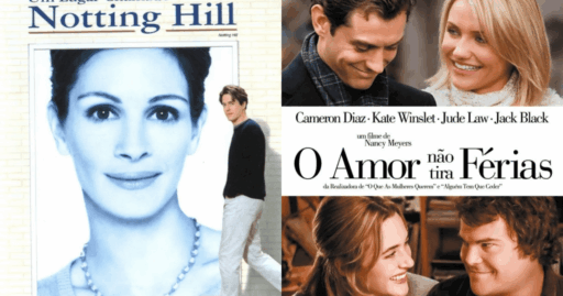 Cartaz de filmes clássicos de romance em exibição nos cinemas.