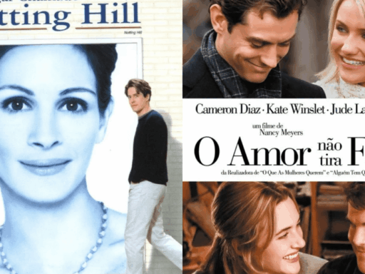Cartaz de filmes clássicos de romance em exibição nos cinemas.