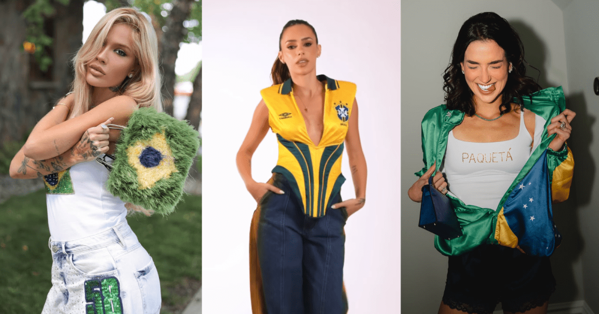 Esposas de jogadores da Seleção Brasileira exibem looks com as cores do Brasil.