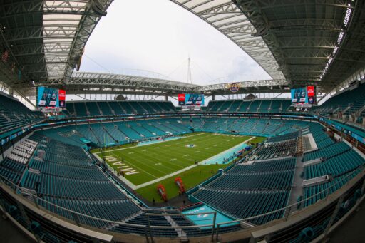 Vista aérea do Hard Rock Stadium, sede da Copa do Mundo 2026.