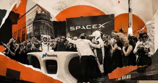 Logotipo da SpaceX e gráfico de ações na Nasdaq.