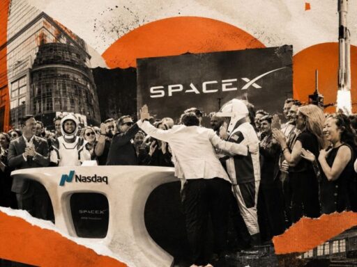 Logotipo da SpaceX e gráfico de ações na Nasdaq.