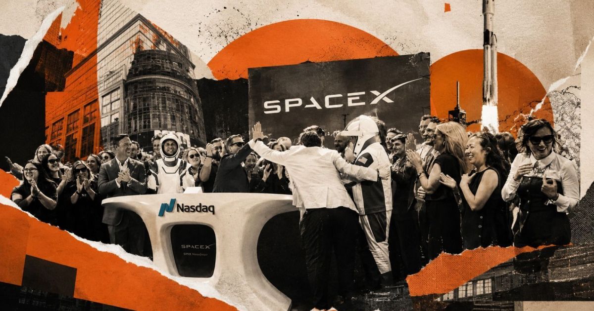 Logotipo da SpaceX e gráfico de ações na Nasdaq.