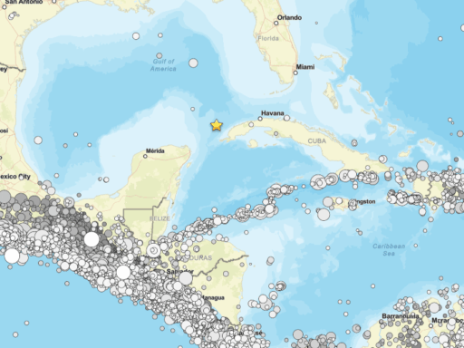 Mapa indicando a região do terremoto de magnitude 6,1 na costa de Cuba.