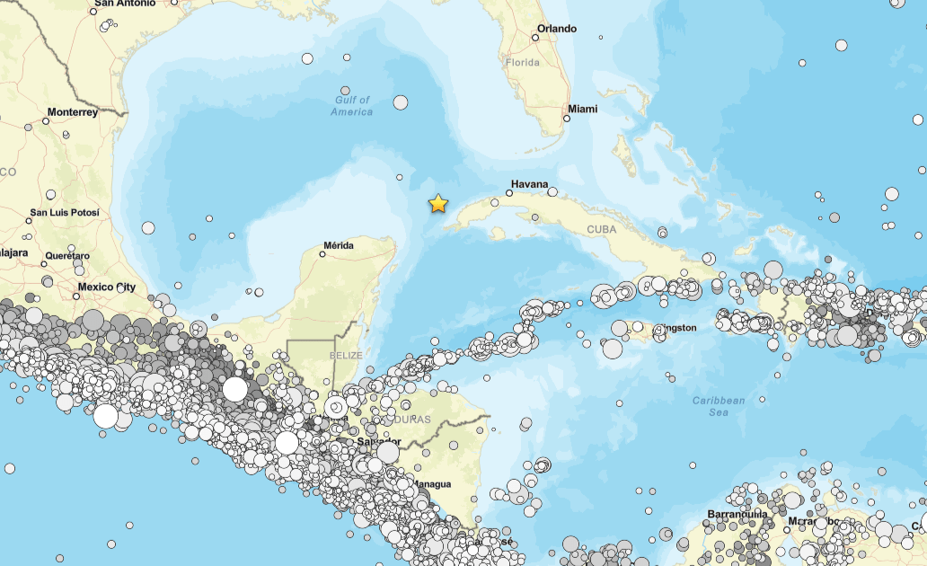 Mapa indicando a região do terremoto de magnitude 6,1 na costa de Cuba.