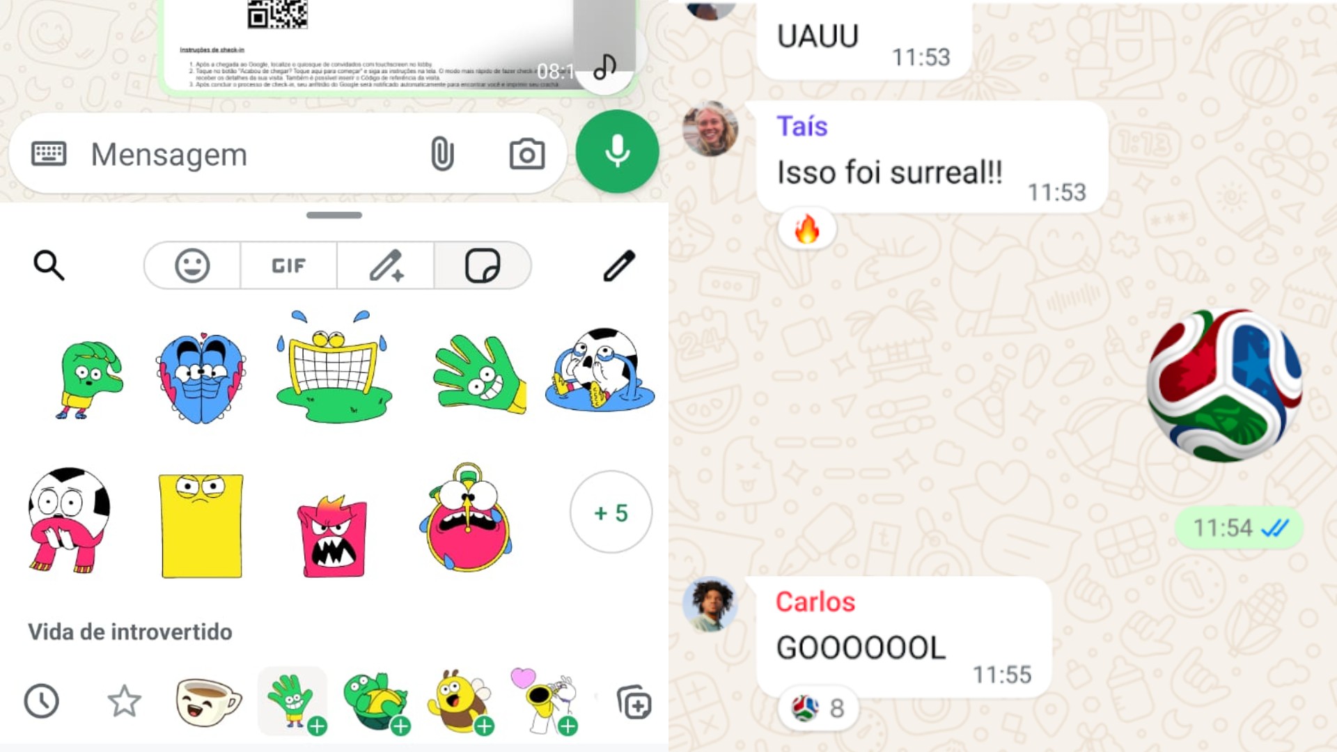 Interface do WhatsApp com filtros da Copa do Mundo 2026.
